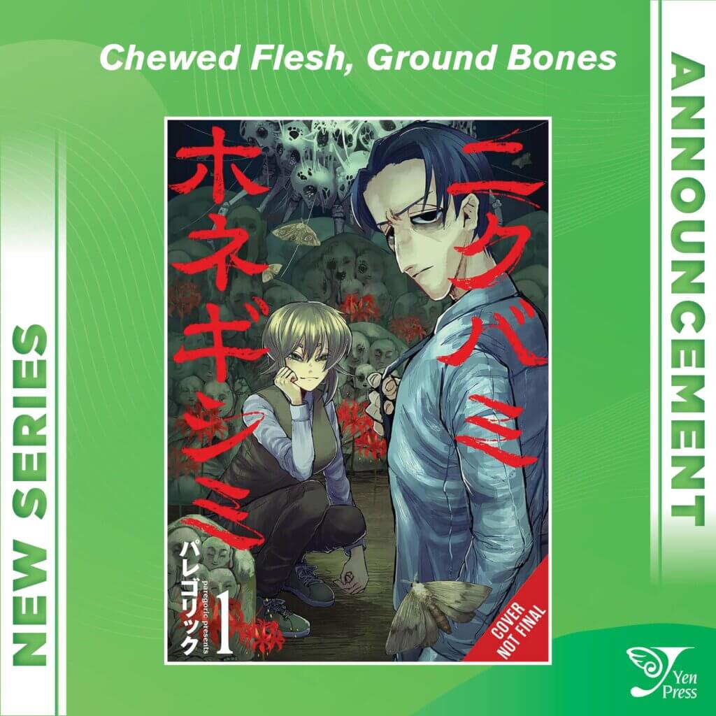 The cover of Chewed Flesh, Ground Bones, depicting two men surrounded by stones and skulls. A moth can be seen in the lower left corner.
