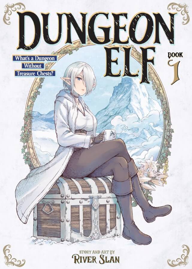 The cover of Dungeon Elf Book 1 features a white haired elf sitting on top of a treasure chest with a mug in her hands. A mountain is in the distant background.
