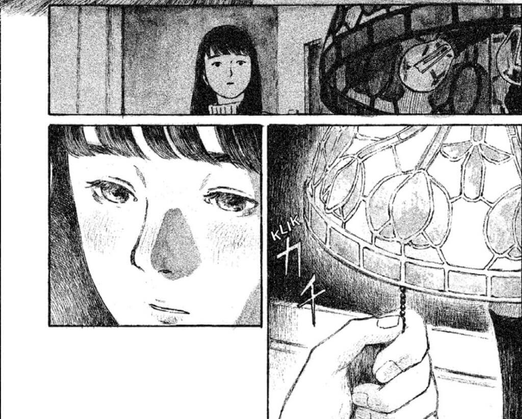 A young woman turns on a stained glass lamp’s light, and frowns.