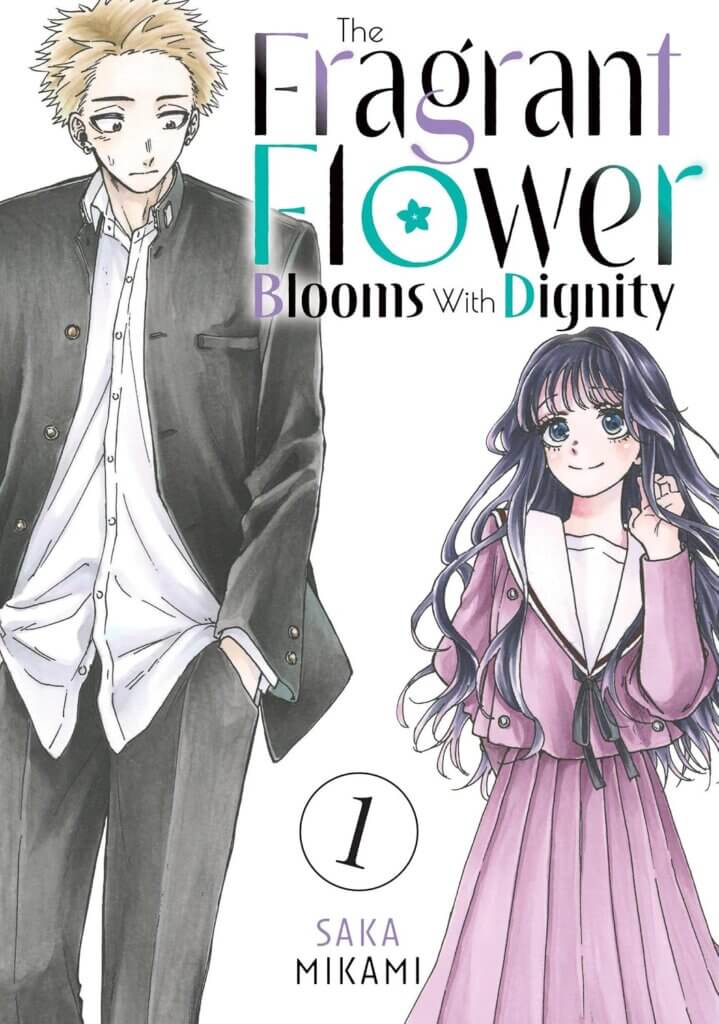 The cover of The Fragrant Flower Blooms With Dignity, depicting a teenage boy and girl standing together. The boy has dyed blonde hair, while the girl has long black hair. 
