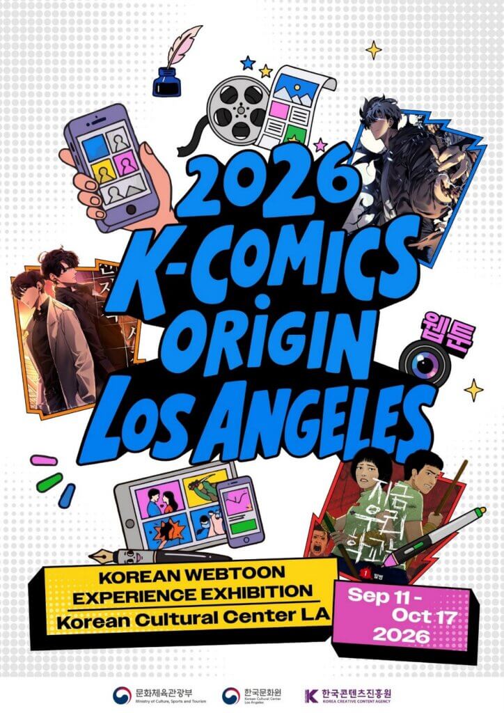 The logo for 2026 K-Comics Origin Lost Angeles, depicting images from the series Solo Leveling, Omniscient Reader’s Viewpoint and All of Us are Dead. Smartphones, tablets and pens can also be seen.