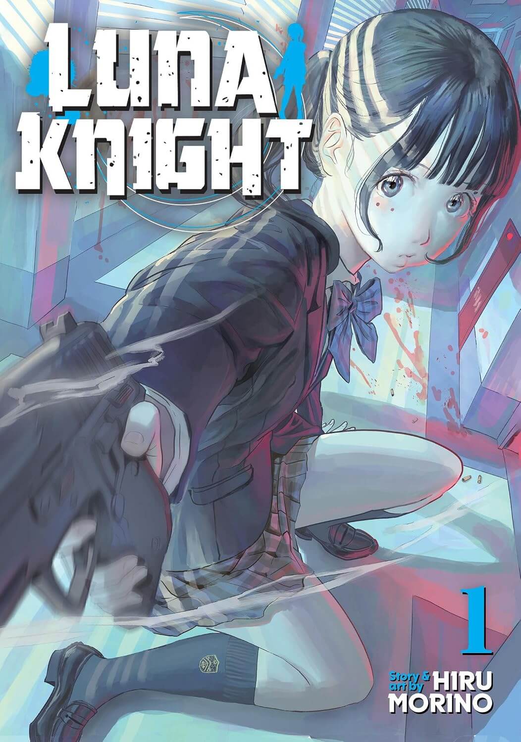 Cover of Luna Knight volume 1. A highschool girl with an innocent expression turns around and holds a gun out at something off-screen. Behind her is a corridor covered in blood stains and bullet shells