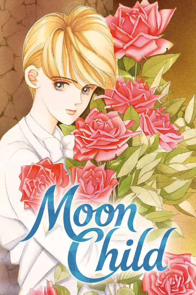 The cover of Moon Child, depicting a young boy with blonde hair holding a bouquet of pink roses.