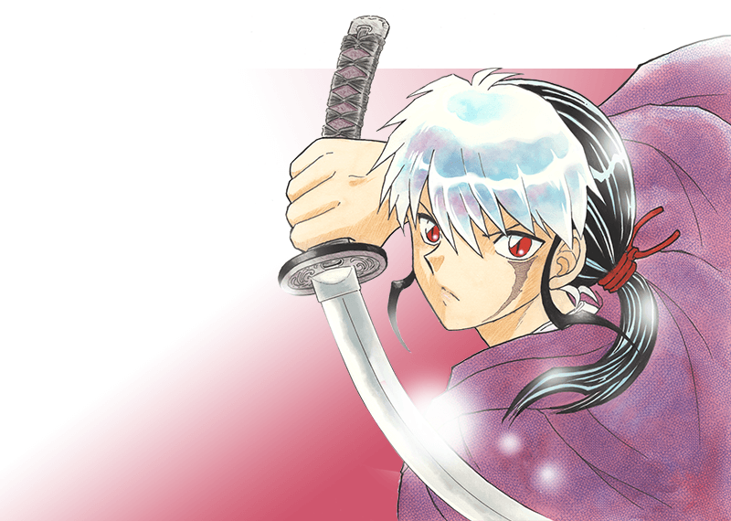 An image by Rumiko Takahashi on the Rumiko Takahashi Fantasy Manga Awards site, depicting a person with a scar over their eye. They are holding a katana.