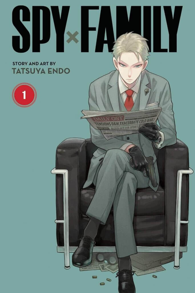 The cover of Spy x Family. A handsome man wearing a suit and tie sits in a black chair.