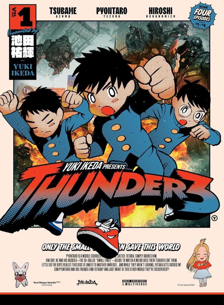 The cover of Thunder 3, depicting three boys wearing high school uniforms who are running away from an explosion. A young girl can be seen in the lower right corner.