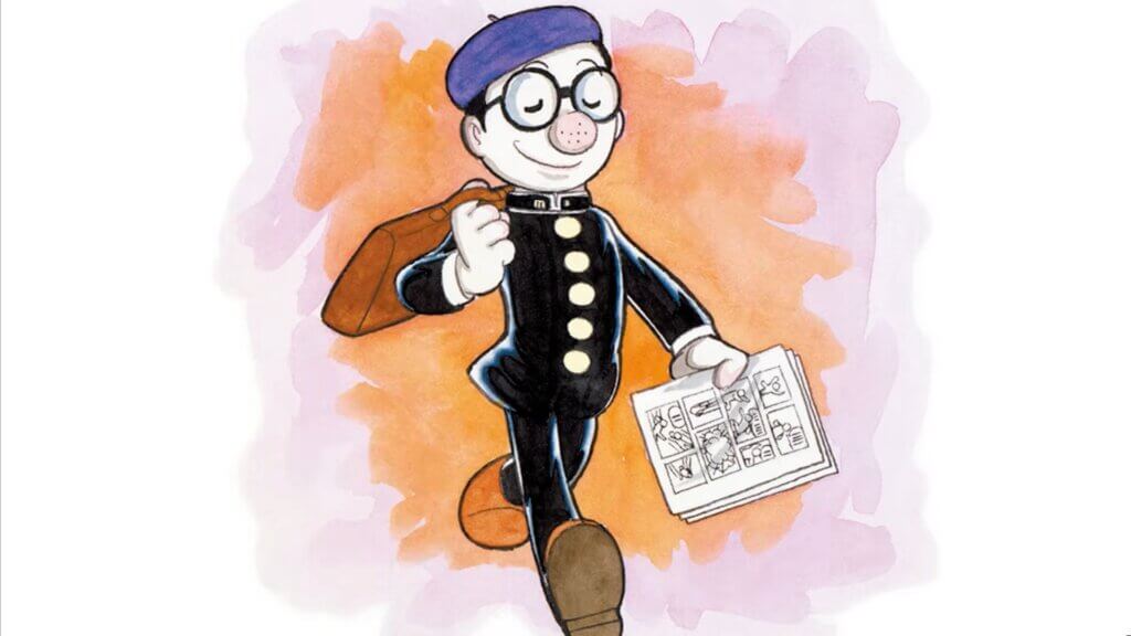 A cartoon version of a young Osamu Tezuka, holding a pile of comic pages while wearing a purple beret.
