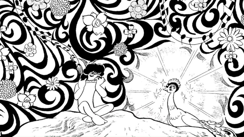 An image from the manga series Phoenix. A person is playing on the flute, while the phoenix listens. Various flowers and musical notes float around them.