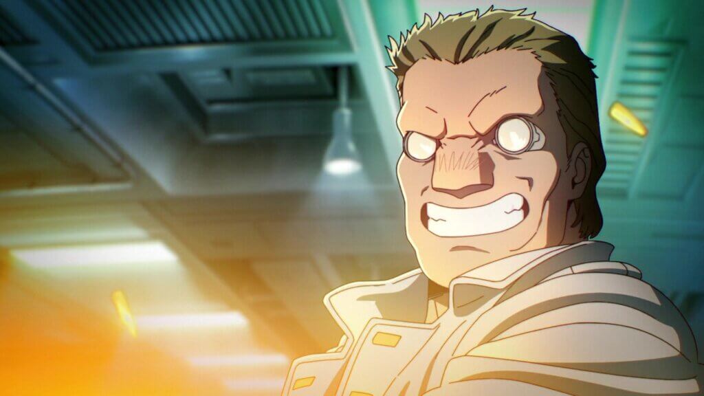 Batou fires a gun while smiling. Bullets can be seen flying from the gun.