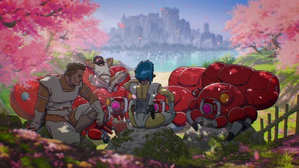 Motoko, Batou and Ishikawa sit under the cherry trees together with Fuchikoma robots. An urban metropolis can be seen in the background.