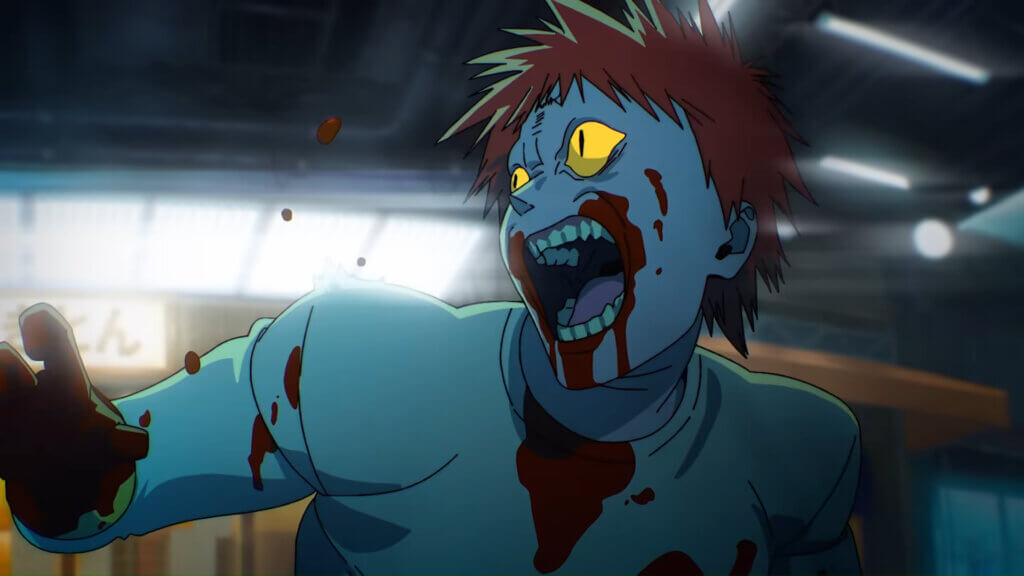 A man with yellow eyes as well as a bloody mouth snarls at passersby.