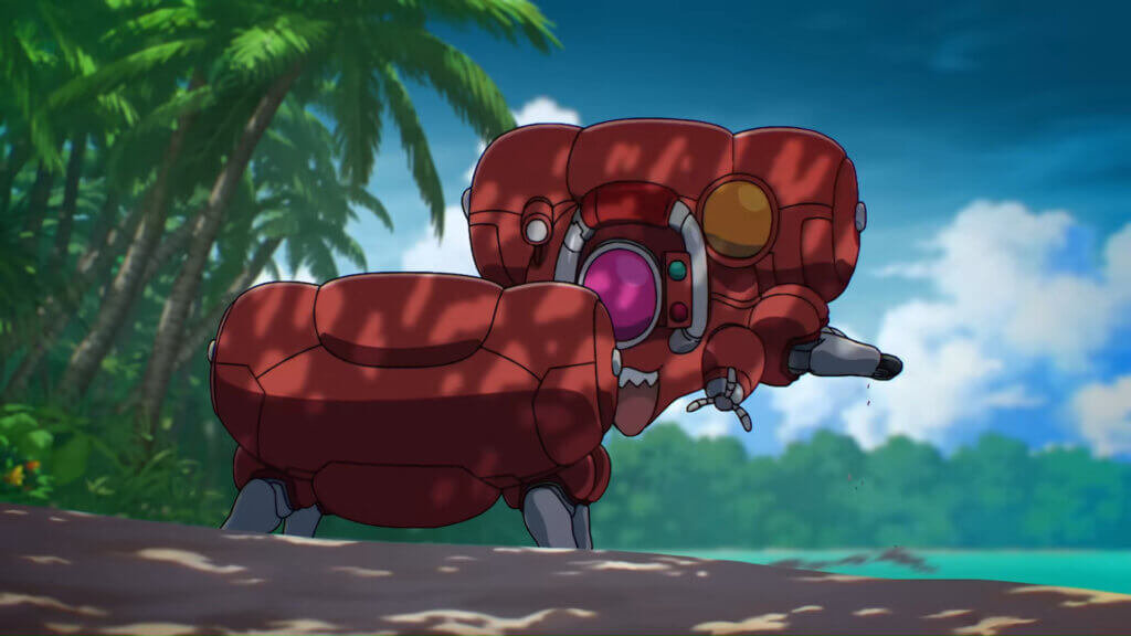 A fuchikoma robot leaps into the air while talking to another fuchikoma. A desert island can be seen in the background.